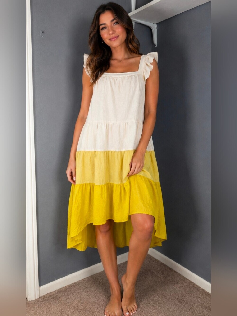 Sleeveless Tiered Ruffle Sundress in Cream and Yellow